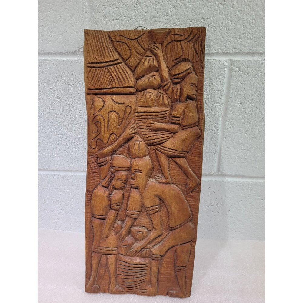 Vintage Hand Carved Wooden Wall Hanging Decor People Working Coconut 3D